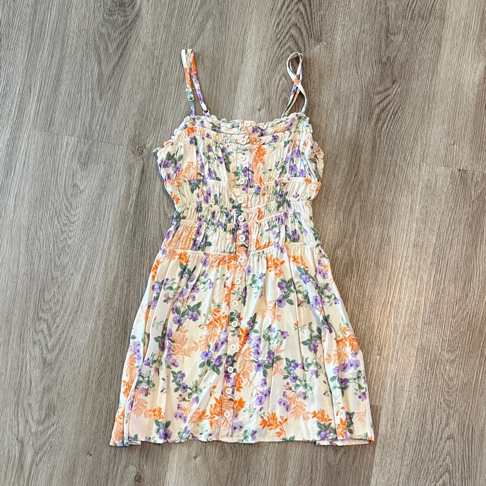 Hippie Rose Cream Floral Button-Front Sundress with Orange & Purple Flowers